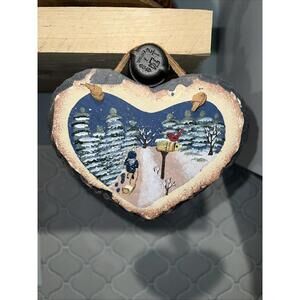 Heart Shaped Slate Wall Hanging Piece Painted W/Winter Scene Boy, Sled, Cardinal